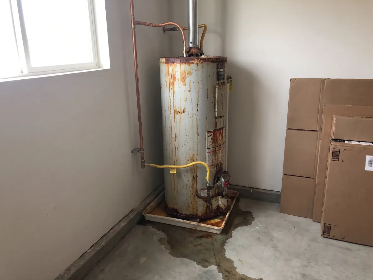 Corroded water heater in a McKinney garage before replacement
